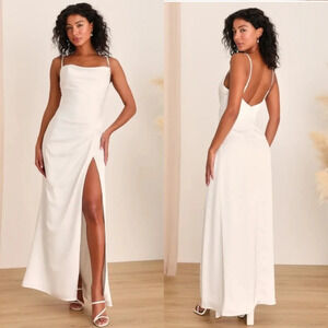 Lulu's Here's to Love White Satin Backless Column Maxi Dress S Wedding Bridal